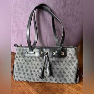 Dooney & Bourke Dark Blue Signature Textile & Black Leather Shoulder Bag